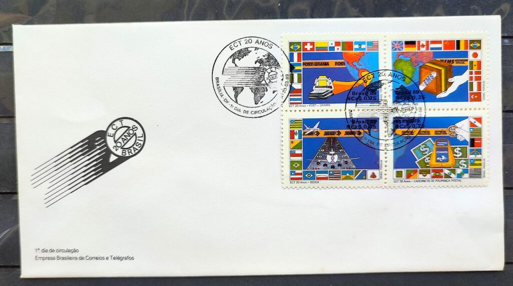 Envelope FDC 464 1989 ECT Servicos Postais Mapa Bandeira Aviao CBC BSB 03