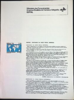 Edital 1974 19 Centenário UPU Sem Selo