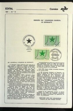 Edital 1981 13 Congresso Mundial de Esperanto Comunicação Com Selo CBC Brasília