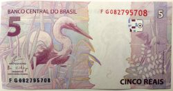 Cedula R$ 5 Reais Segunda Família FG082795708 Guardia e Goldfajn FE