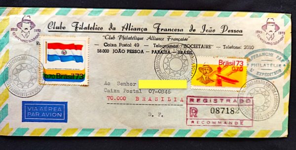 Envelope 1973 Aliança Francesa de João Pessoa CPC PB Com Registro 1