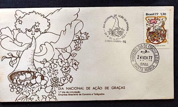 Envelope FDC 140 Dia Nacional de Ação de Graças 1977 CBC e CPD SMA Santa Maria RS