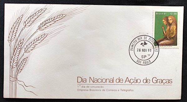 Envelope FDC 239 Dia Nacional de Ação de Graças Religião 1981 CPD SP