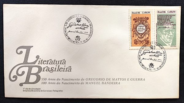 Envelope FDC 406 Dia do Livro Literatura Gregório de Matos 1986 CBC BA