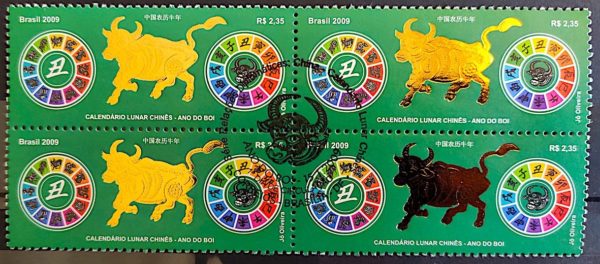 C 2773 Selo Calendário Lunar Chinês Ano do Boi China 2009 Quadra CBC Brasília