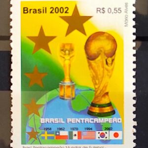 C 2469 Selo Brasil Pentacampeao Mundial de Futebol Bandeira Suecia Chile Mexico Estados Unidos Coreia do Sul e Japao 2002