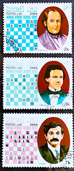 X 0519 Selo Xadrez Século XIX Anderssen Lasker Morphy Laos
