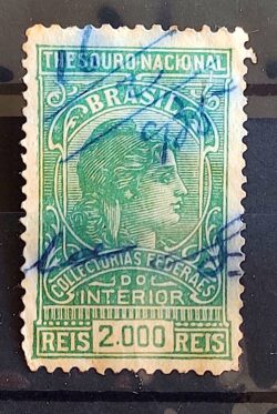 Imposto do Selo Fiscal Tesouro Nacional 2000 Reis Coletorias Federais do Interior Verde