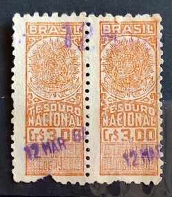 Imposto do Selo Fiscal Tesouro Nacional 3 Cruzeiros Dupla