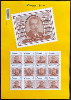 PB 166 Selo Personalizado Grandes Nomes da Filatelia Brasileira Paulo Comelli 2020 Folha