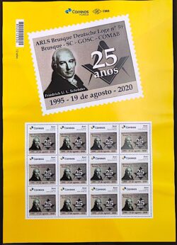 PB 173 Selo Personalizado 25 Anos da ARLS Deutsche Loge Brusque SC 2020 Folha