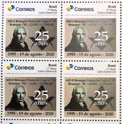 PB 173 Selo Personalizado 25 Anos da ARLS Deutsche Loge Brusque SC 2020 Quadra