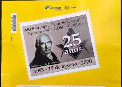 PB 173 Selo Personalizado 25 Anos da ARLS Deutsche Loge Brusque SC 2020 Vinheta