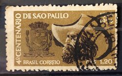 C 291 Selo 4 Centenario de Sao Paulo Brasao Chapeu 1953 Circulado 4