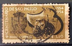 C 291 Selo 4 Centenario de Sao Paulo Brasao Chapeu 1953 Circulado 5
