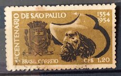 C 291 Selo 4 Centenario de Sao Paulo Brasao Chapeu 1953 Circulado 6