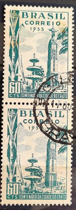 C 317 Selo Centenario de Crato Ceara Relogio 1953 Circulado 3 Dupla