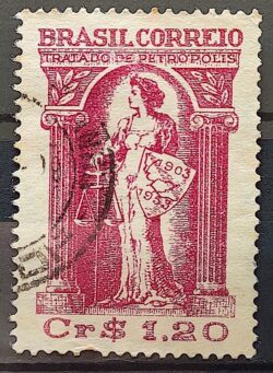 C 321 Selo Cinquentenario do Tratado de Petropolis Justica Mapa 1953 Circulado 3