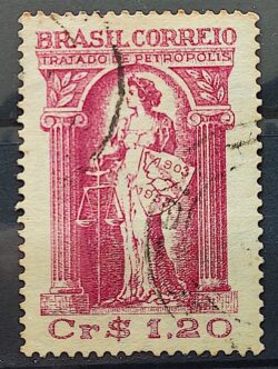 C 321 Selo Cinquentenario do Tratado de Petropolis Justica Mapa 1953 Circulado 6