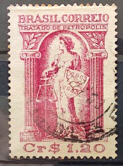 C 321 Selo Cinquentenario do Tratado de Petropolis Justica Mapa 1953 Circulado 7