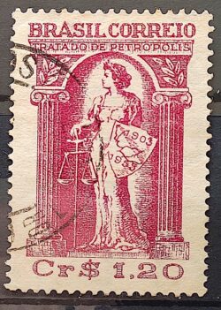 C 321 Selo Cinquentenario do Tratado de Petropolis Justica Mapa 1953 Circulado 8