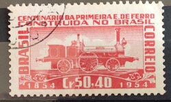 C 337 Selo Primeira Estrada de Ferro no Brasil Trem Locomotiva 1954 Circulado 3