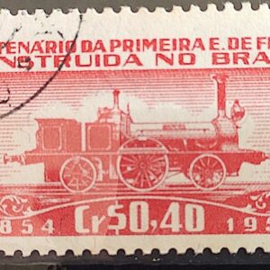 C 337 Selo Primeira Estrada de Ferro no Brasil Trem Locomotiva 1954 Circulado 3
