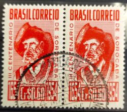 C 343 Selo Tricentenario de Sorocaba Baltasar Fernandes Personalidade Chapeu 1954 2 Circulado Dupla