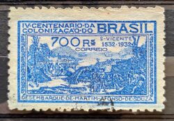 C 45 Selo Fundacao Sao Vicente Martim Afonso de Souza 1932 3 Circulado