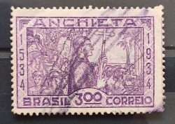 C 75 Selo Centenario de Nascimento de Jose de Anchieta Religiao Igreja 1934 3 Circulado