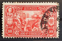 C 8 Selo Abertura dos Portos Dom Carlos Portugal Afonso Pena Navio Bandeira Brasao 1908 1 Circulado