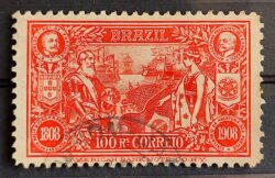 C 8 Selo Abertura dos Portos Dom Carlos Portugal Afonso Pena Navio Bandeira Brasao 1908 11 Circulado