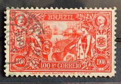 C 8 Selo Abertura dos Portos Dom Carlos Portugal Afonso Pena Navio Bandeira Brasao 1908 13 Circulado