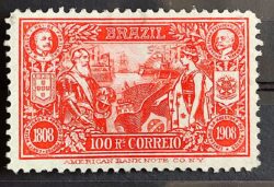 C 8 Selo Abertura dos Portos Dom Carlos Portugal Afonso Pena Navio Bandeira Brasao 1908 14 Circulado