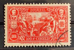 C 8 Selo Abertura dos Portos Dom Carlos Portugal Afonso Pena Navio Bandeira Brasao 1908 15 Circulado