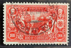 C 8 Selo Abertura dos Portos Dom Carlos Portugal Afonso Pena Navio Bandeira Brasao 1908 16 Circulado