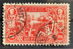 C 8 Selo Abertura dos Portos Dom Carlos Portugal Afonso Pena Navio Bandeira Brasao 1908 17 Circulado