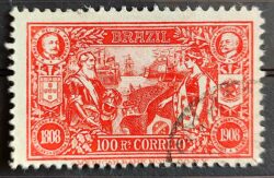 C 8 Selo Abertura dos Portos Dom Carlos Portugal Afonso Pena Navio Bandeira Brasao 1908 18 Circulado