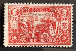 C 8 Selo Abertura dos Portos Dom Carlos Portugal Afonso Pena Navio Bandeira Brasao 1908 19 Circulado