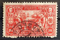 C 8 Selo Abertura dos Portos Dom Carlos Portugal Afonso Pena Navio Bandeira Brasao 1908 2 Circulado