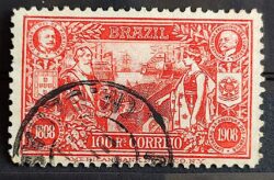 C 8 Selo Abertura dos Portos Dom Carlos Portugal Afonso Pena Navio Bandeira Brasao 1908 20 Circulado