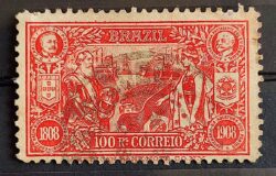 C 8 Selo Abertura dos Portos Dom Carlos Portugal Afonso Pena Navio Bandeira Brasao 1908 3 Circulado