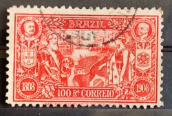 C 8 Selo Abertura dos Portos Dom Carlos Portugal Afonso Pena Navio Bandeira Brasao 1908 4 Circulado