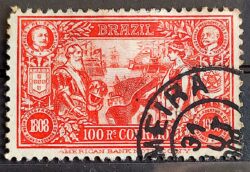 C 8 Selo Abertura dos Portos Dom Carlos Portugal Afonso Pena Navio Bandeira Brasao 1908 6 Circulado