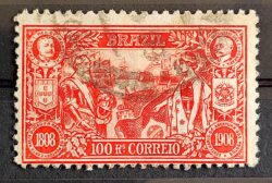 C 8 Selo Abertura dos Portos Dom Carlos Portugal Afonso Pena Navio Bandeira Brasao 1908 8 Circulado