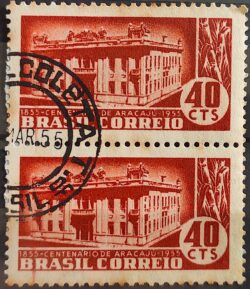C 360 Selo Centenario de Aracaju Sergipe Cana de Acucar Economia 1955 Circulado Dupla 1