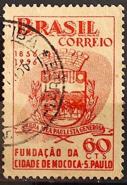 C 375 Selo Centenario da Cidade de Mococa Brasao 1956 Circulado 1