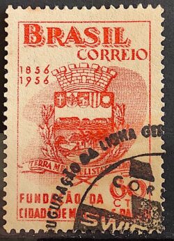 C 375 Selo Centenario da Cidade de Mococa Brasao 1956 Circulado 2