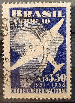 C 377 Selo Correio Aereo Nacional Aviao Mapa 1956 Circulado 17