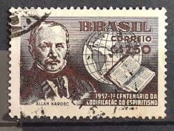 C 387 Selo Centenario da Codificacao do Espiritismo Religiao Mapa Allan Kardec 1957 Circulado 1